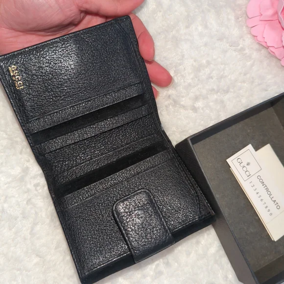 Gucci Black Leather Suede Bi Fold Wallet Bamboo Horsebit Authentic W/ Box + Tote - Picture 5 of 5